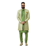 Handmade Lime Green Geometrical Embroidered Open Sherwani with Green Kurta Pajama for Men - Father Son Combo | Jaipurio